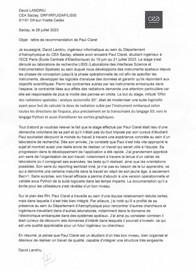 Review from CEA - Letter of recommendation Davic Landriu Radiation Computation in python